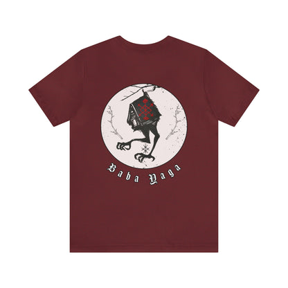 Baba Yaga Hut on chicken legs Back ᚾ THE OFFBEAT RUNARS CO. Unisex Jersey Short Sleeve Tee