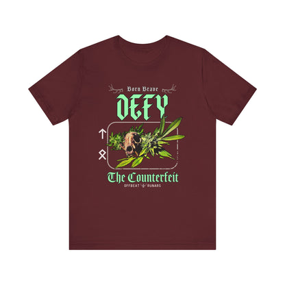 Defy the counterfeit Cat skull ᚾ THE OFFBEAT RUNARS CO. Unisex Jersey Short Sleeve Tee