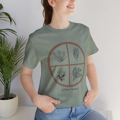 4 directions Sweetgrass Tobacco Sage Cedar ᚾ THE OFFBEAT RUNARS CO. Unisex Jersey Short Sleeve Tee