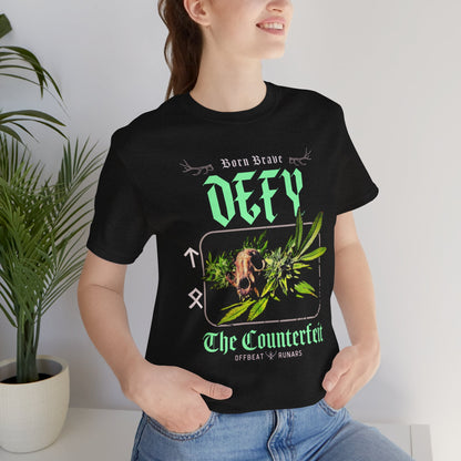 Defy the counterfeit Cat skull ᚾ THE OFFBEAT RUNARS CO. Unisex Jersey Short Sleeve Tee