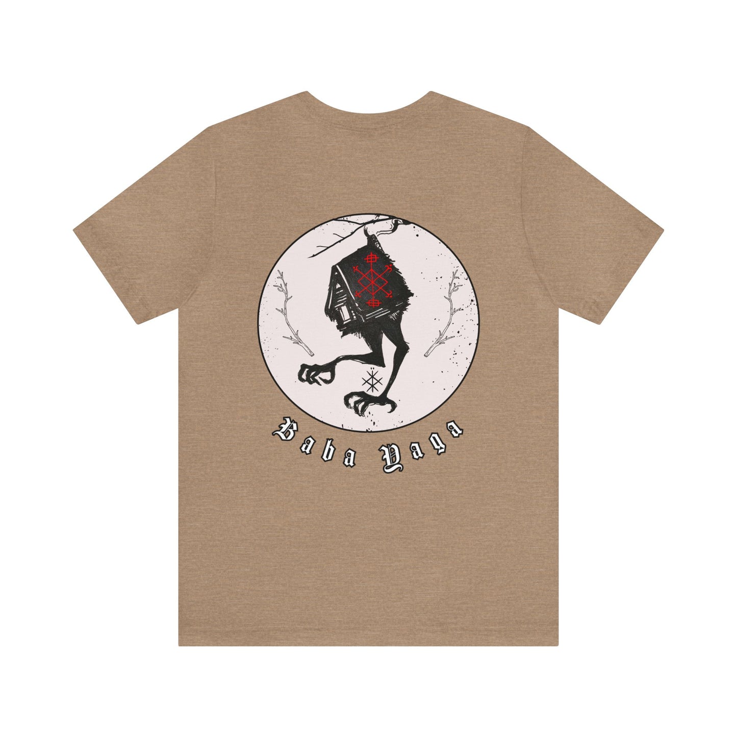 Baba Yaga Hut on chicken legs Back ᚾ THE OFFBEAT RUNARS CO. Unisex Jersey Short Sleeve Tee