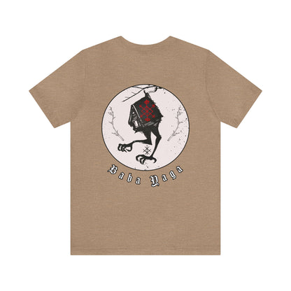 Baba Yaga Hut on chicken legs Back ᚾ THE OFFBEAT RUNARS CO. Unisex Jersey Short Sleeve Tee