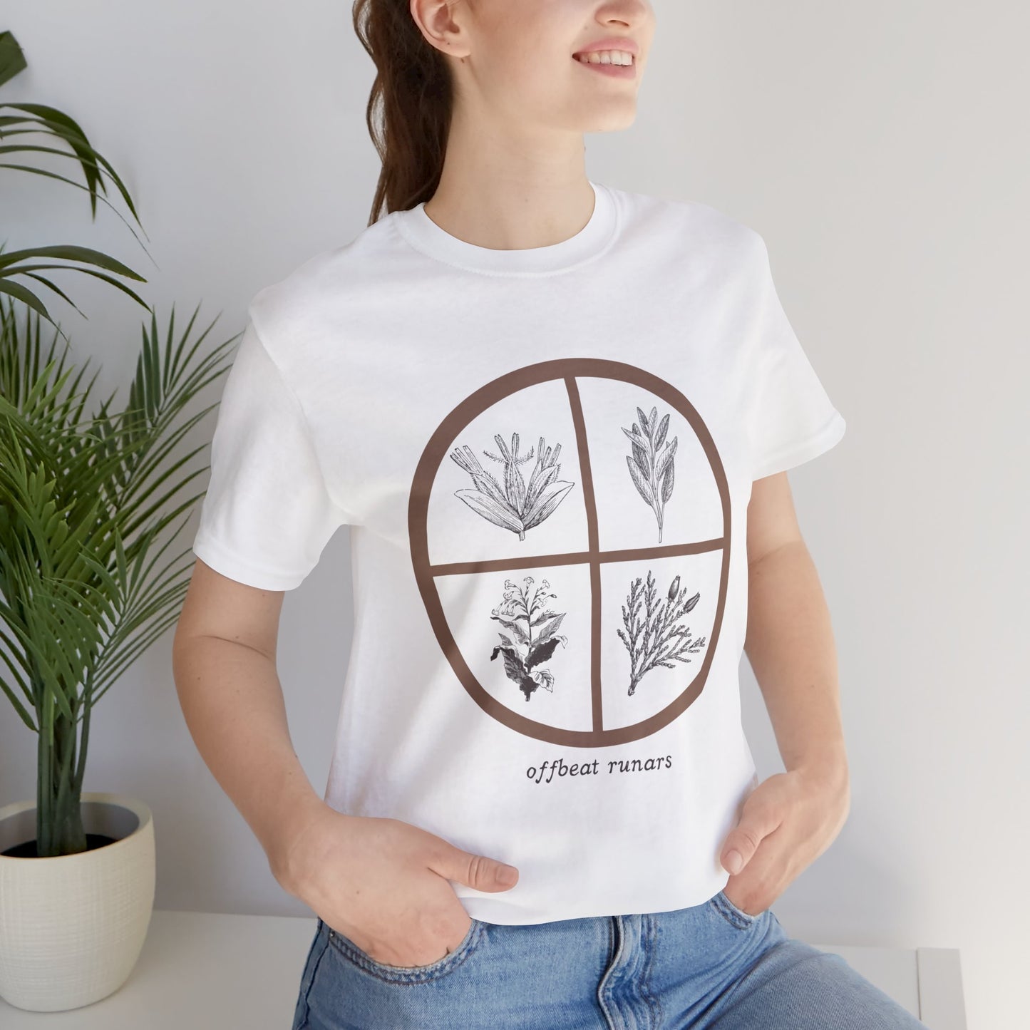 4 directions Sweetgrass Tobacco Sage Cedar ᚾ THE OFFBEAT RUNARS CO. Unisex Jersey Short Sleeve Tee