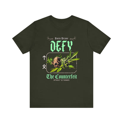 Defy the counterfeit Cat skull ᚾ THE OFFBEAT RUNARS CO. Unisex Jersey Short Sleeve Tee