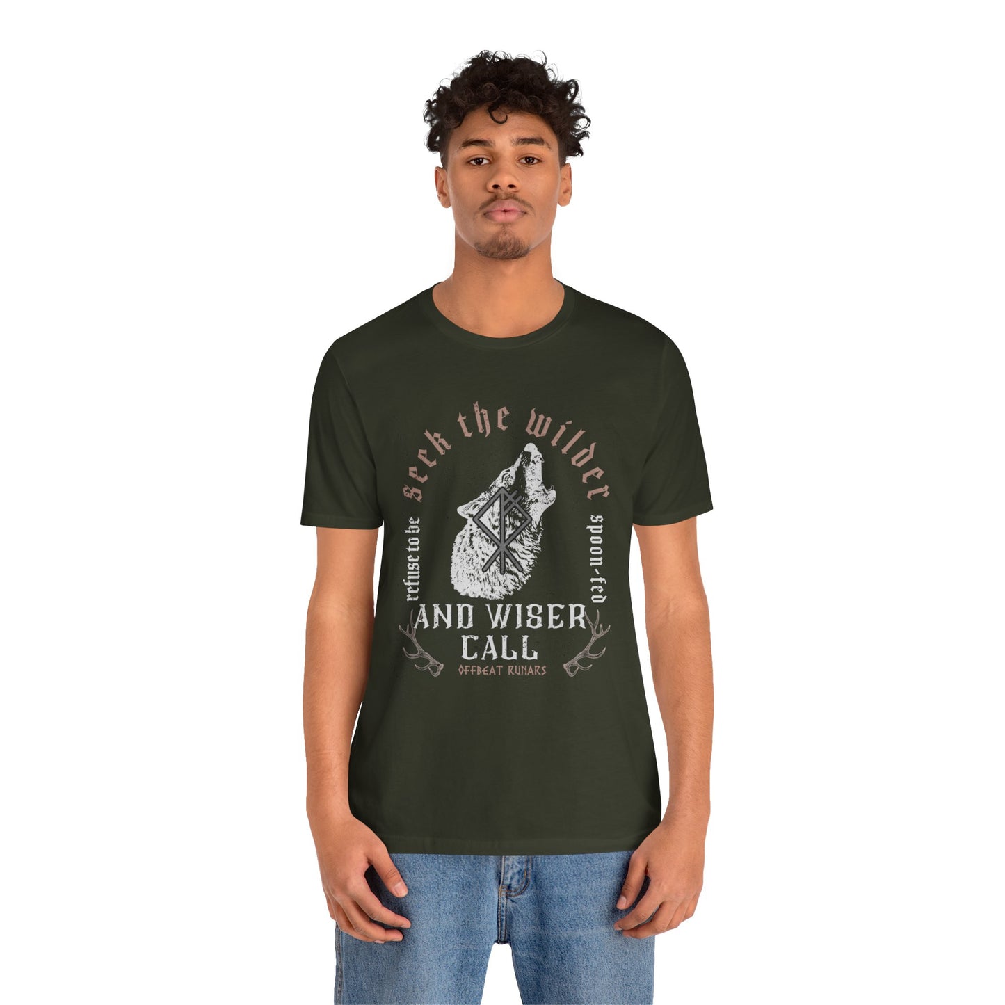 Seek the wiser and wilder call ᚾ THE OFFBEAT RUNARS CO. Unisex Jersey Short Sleeve Tee