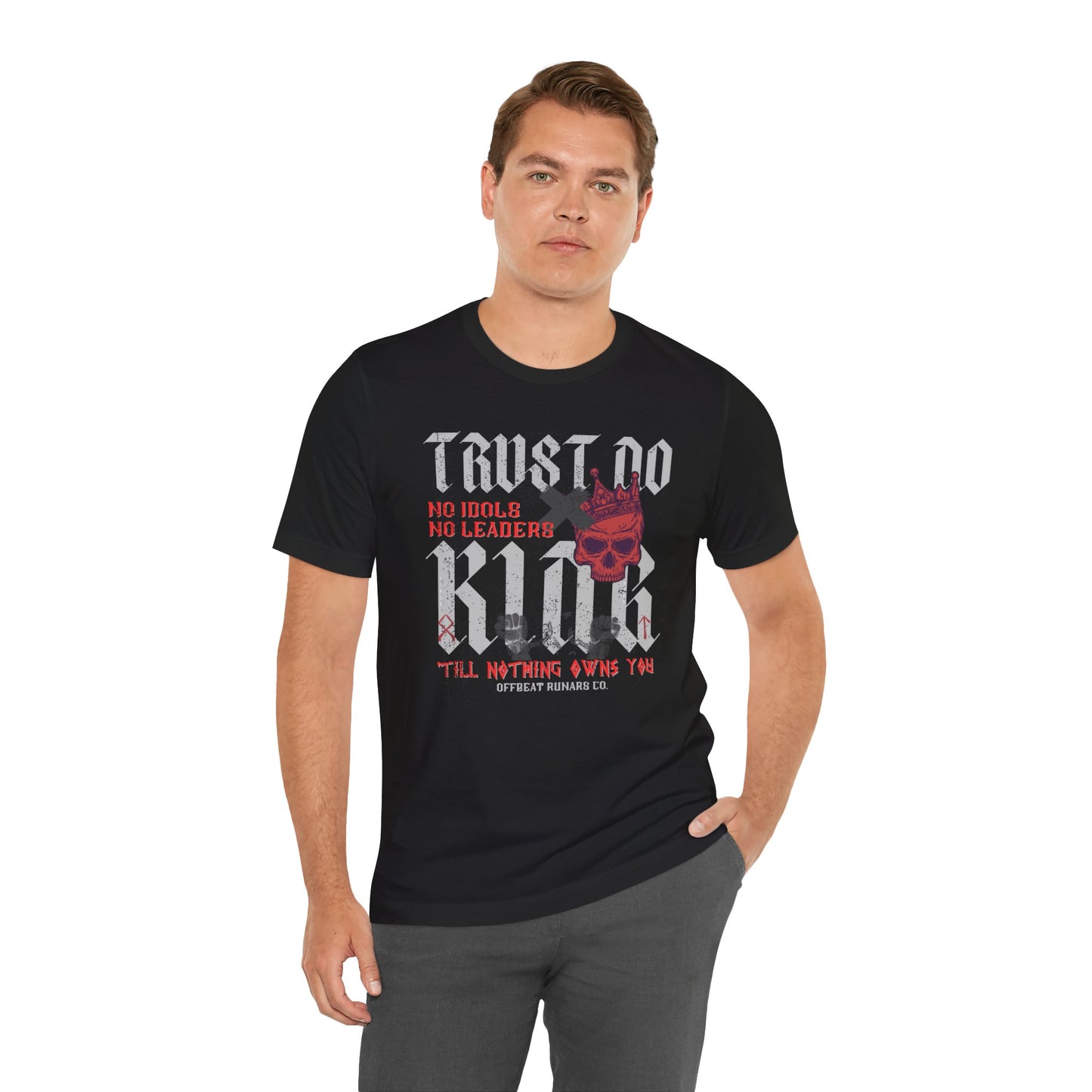 Trust No King w skull ᚾ THE OFFBEAT RUNARS CO. Unisex Jersey Short Sleeve Tee