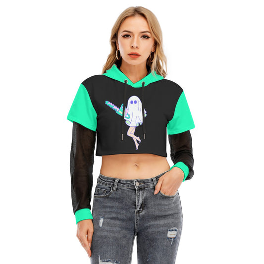 Ghost with chainsaw Women's Fake Two-piece Mesh Sleeve Cropped Hoodie