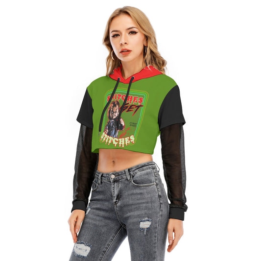 Chucky Snitches get stitches Women's Fake Two-piece Mesh Sleeve Cropped Hoodie