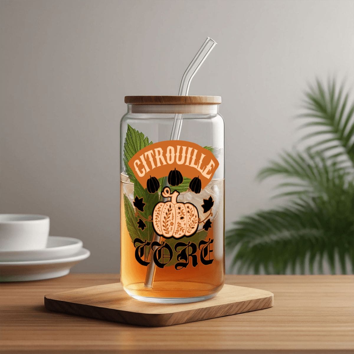 Citrouille Core Glass Tumbler with Straw & Bamboo Lid  (16oz)