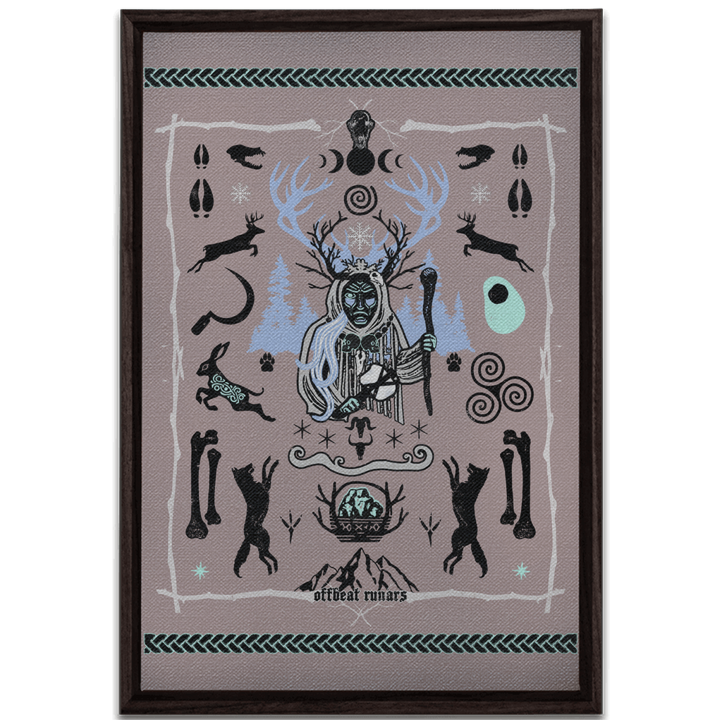 Cailleach Winter Crone Goddess Framed Canvas Wraps Black | Dark Walnut