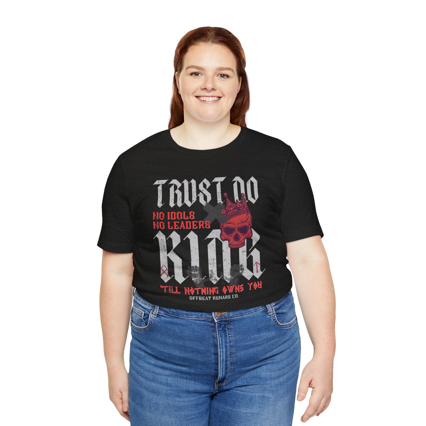 Trust No King w skull ᚾ THE OFFBEAT RUNARS CO. Unisex Jersey Short Sleeve Tee