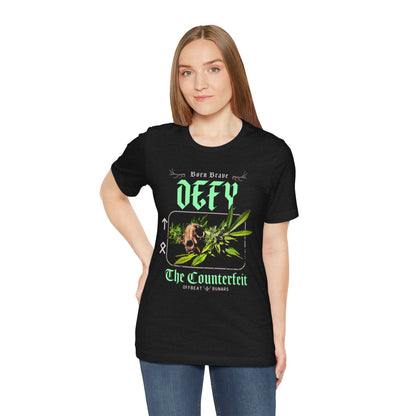 Defy the counterfeit Cat skull ᚾ THE OFFBEAT RUNARS CO. Unisex Jersey Short Sleeve Tee