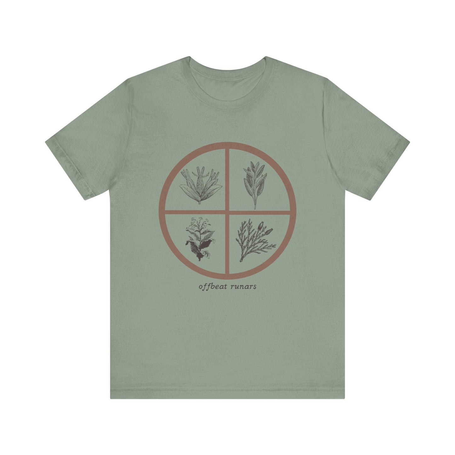 4 directions Sweetgrass Tobacco Sage Cedar ᚾ THE OFFBEAT RUNARS CO. Unisex Jersey Short Sleeve Tee