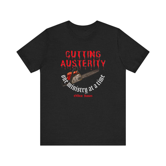 Chainsaw austerity ᚾ THE OFFBEAT RUNARS CO. Unisex Jersey Short Sleeve Tee