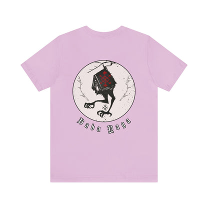 Baba Yaga Hut on chicken legs Back ᚾ THE OFFBEAT RUNARS CO. Unisex Jersey Short Sleeve Tee