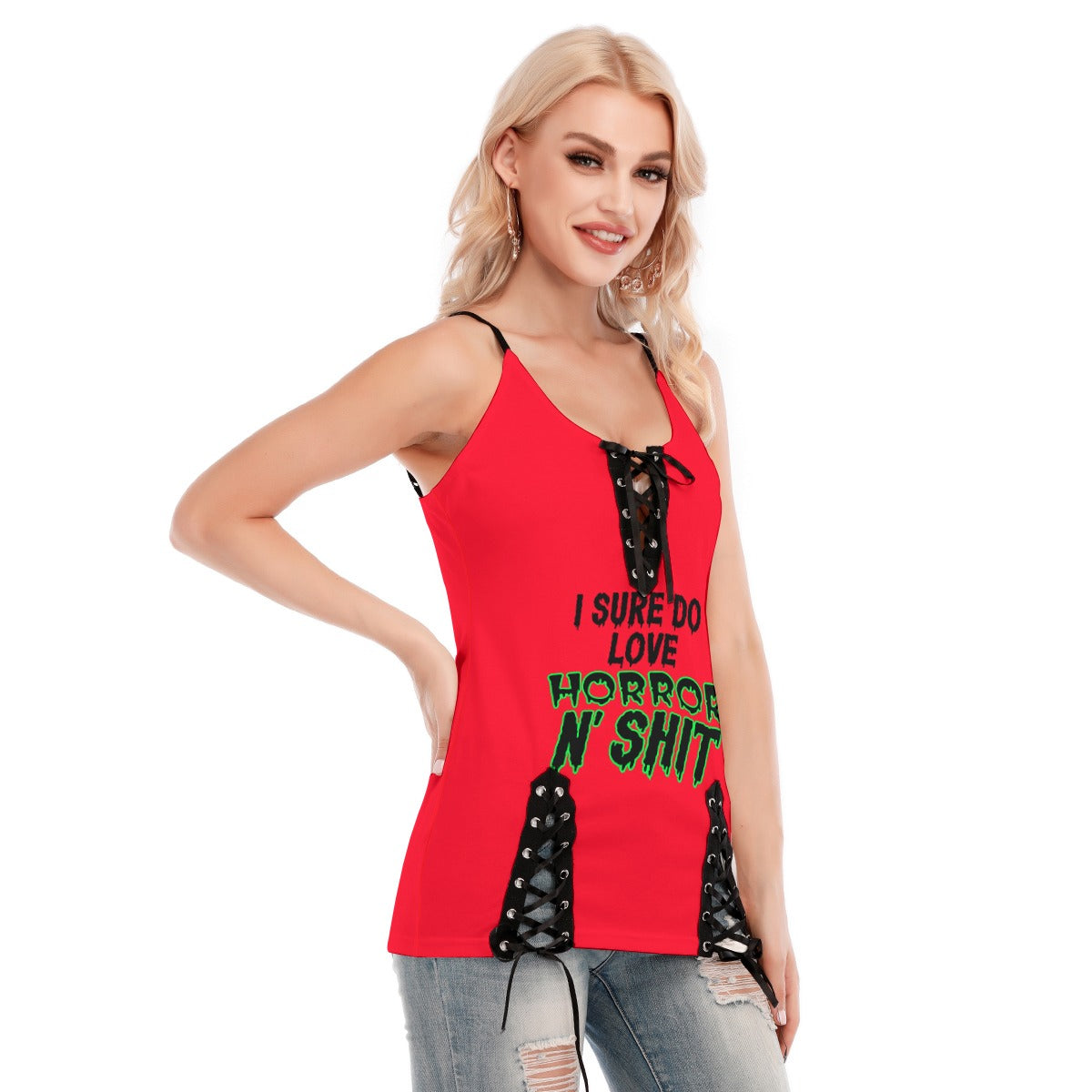 I sure do love horror n' shit Women's V-neck Eyelet Lace-up Cami Dress Front side