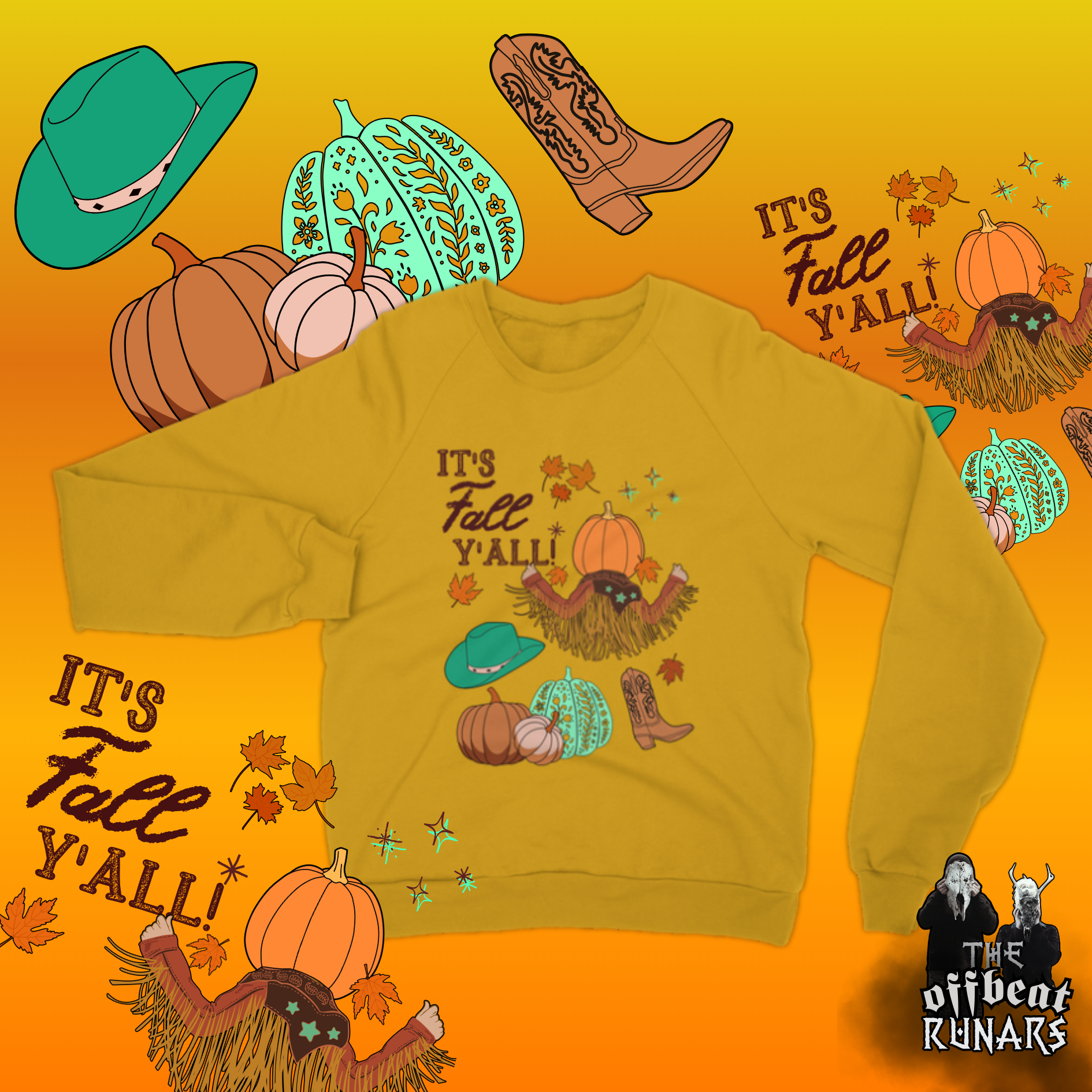 It's fall y'all Pumpkin Cowgirl Sweatshirt front mustard The Offbeat Runars