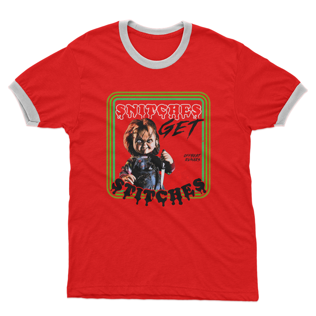 Snitches get stitches Adult Ringer T-Shirt Red