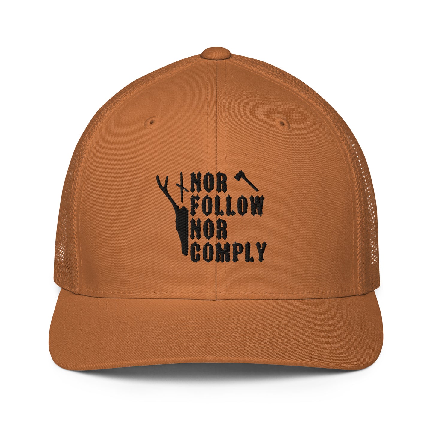 Nor follow nor comply Closed-back trucker cap